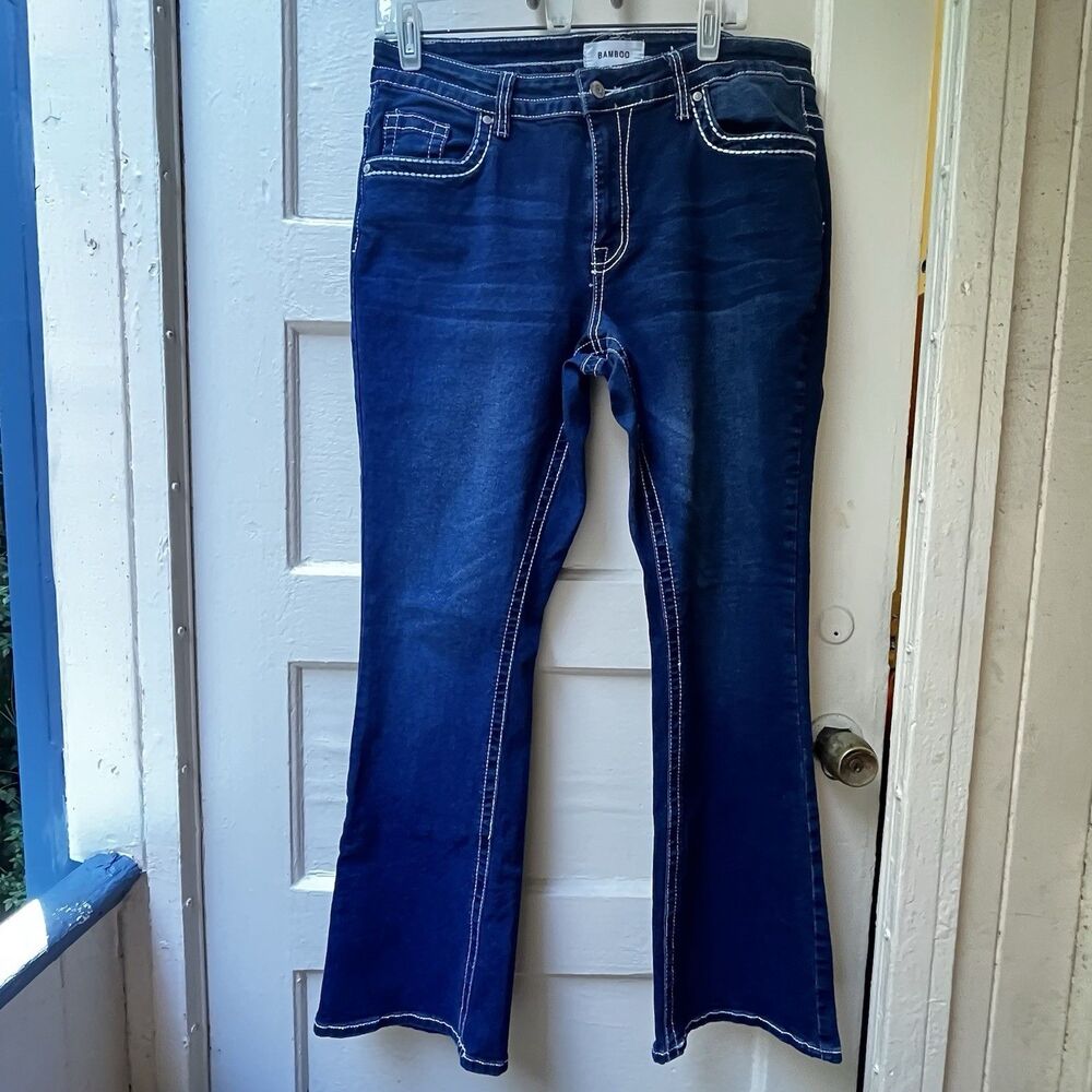 Y2k Bamboo Flared Leg Jeans Sz 14 Low rise Boho Beaded Streetwear Festival Rave